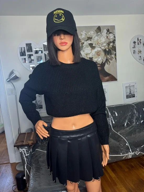 Cropped Black Ribbed Knit Sweater - Classic Crewneck - Picture 2 of 4